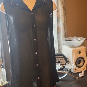 Sheer Black Button-Front Sleeveless Blouse - Brand Unspecified